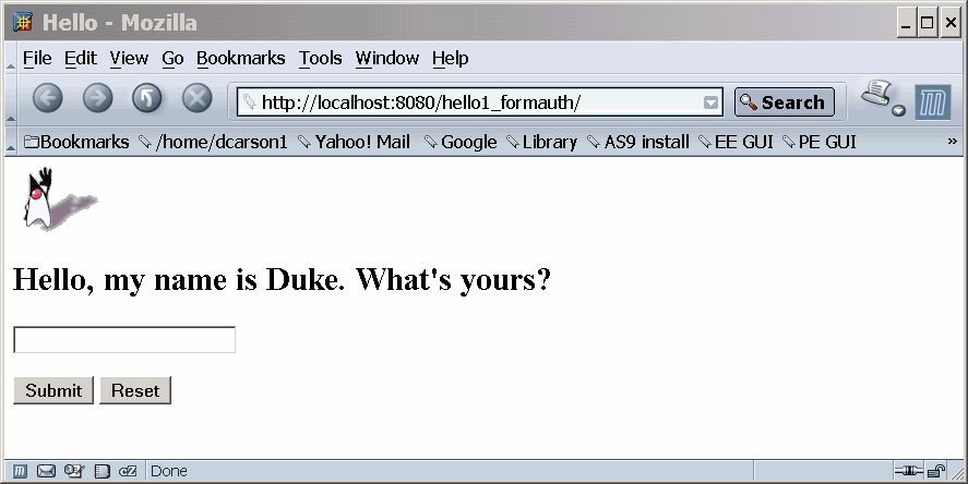 Web browser displays the line "Hello, my name is Duke.  What's yours?" followed by a text box in which to type your name and a Submit button to submit your name.