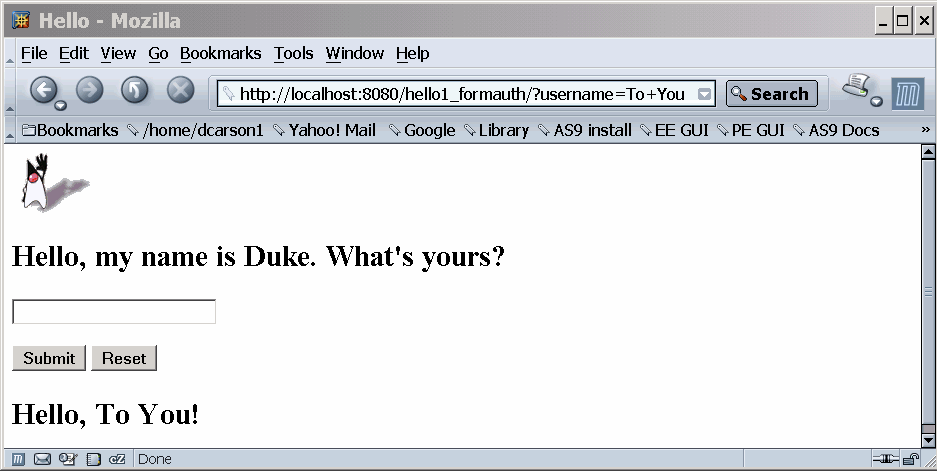 Image of running form-based login authentication example, shows Duke waving, and the text "My name is Duke, Hello your name!"